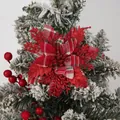 Festliche rote Glitzer- und Karo-Stoff Weihnachtsblume für Baum- oder Kranzdekoration - Künstliche Weihnachtsblume / Rot Weiß Karo