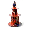 3-tier foldable Halloween cupcake stand with spooky cartoon designs and scalloped edges - Ghost Castle Illustration / Style B