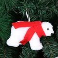 Soft white plush Christmas polar bear ornament with a red scarf hanging on a tree branch - Red Scarf