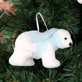 Detailed view of a fuzzy white polar bear Christmas ornament with a light blue scarf. - Blue Bandana