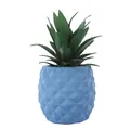 Detail view of an artificial succulent plant in a blue pineapple-shaped resin pot. - Blue