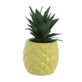 Close-up of a yellow pineapple-shaped resin flower pot with artificial green succulent plants - Green