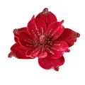 Close-up of red velvet artificial magnolia flower with gold glitter accents - Red