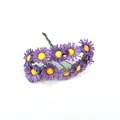 Macro detail of purple mini artificial daisies with yellow centers and wire stems - 100 Flowers/Pack / Purple