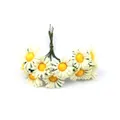 Detailed close-up of mini artificial white daisies with yellow centers and green stems. - 100 Flowers/Pack / Milk White
