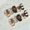 Detailed macro view of handmade cream chestnut cake press-on nails with 3D cute bear - M / Chestnut Cake