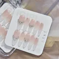 Handmade French gradient press-on nails with elegant rhinestones and pearl details - XS / French White Moonlight (CD004) / Long Pointed Oval