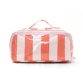Pink and white striped cosmetic bag with glossy finish and portable handle for travel. - Orange Pink