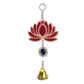 Detail of red acrylic lotus hanging decor featuring blue gemstone and golden bell - Royal Blue Gemstone