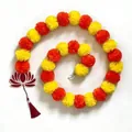 Artificial orange and yellow marigold flower garland with lotus pendant and red decorative tassel - Marigold Garland (With Lotus) / 1.5m Length / Yellow & Orange & Red