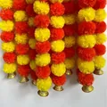 Artificial orange and yellow marigold flower garlands with golden bells for Diwali - 1.5m with 30 Flowers / Yellow & Orange Interval