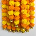 Vibrant artificial orange and yellow marigold flower garland with golden bells - 1.5m with 30 Flowers / Yellow and Orange Mixed