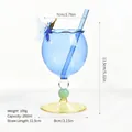 Elegant blue glass goblet with butterfly ornament, blue glass straw, and amber base - Butterfly Goblet (bz2180) / Includes 8*12.5cm Straw / Light Blue (With Straw)