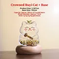 Mignon pot en verre chat porte-bonheur avec couronne dorée et base en bois décor - Chat Ruyi à Couronne avec Base