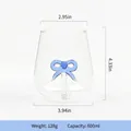 600ml creative clear glass cup with blue bow detail and dimensions, minimalist style - Blue Bow / 600ml