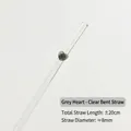 Wiederverwendbarer Glasstrohhalm mit grauem Herzdetail aus hochwertigem Borosilikatglas - Gebogenes Rohr / Graues Herz