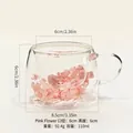 Taza de cristal de borosilicato de doble pared con flores rosas y medidas de tamaño - Paquete de 110ml / Flor Rosa