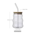 Vaso de vidrio de borosilicato ondulado de 500 ml con pajita y tapa de bambú, 13 cm - Taza con Pajita Roscada + Pajita Curva Transparente / 500ml
