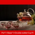 Heat-resistant borosilicate glass tea set including 1 teapot, 1 warmer base, and 6 cups - C Set