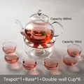 Heat-resistant borosilicate glass tea set including 600ml teapot and six 50ml cups - B Set