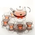 Heat-resistant high borosilicate glass tea set including teapot, 6 cups, saucers and base - D Kit (Double Walled Cup with Handle)