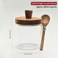 400ml glass airtight storage jar with wooden lid and spoon for kitchen - Small (400ml) / 9.5cm Height 9cm Diam