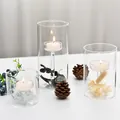 Portavelas de cristal cilíndrico transparente con flores secas decorativas - Juego (Grande, Mediano, Pequeño)
