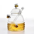 Elegant beehive-shaped transparent glass honey jar set with lid and matching glass stirrer - Textured Large Honey Jar with Three Bees (Style 2)