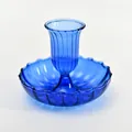 Elegant cobalt blue fluted glass candle holder with integrated tray for home decor - Ribbed Style (zt2047) / Blue