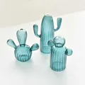 Creative blue cactus-shaped ribbed glass vases for desktop hydroponics and aromatherapy decor - Set / Elegant Blue