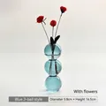 Modern blue three-sphere bubble glass vase with red artificial flowers for decor - HP2038 3-Ball Style - Elegant Blue + Red Little Rose
