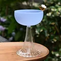 Elegant blue ice cream dessert glass cup with fluted stem and bee decoration for parties - Bee High Footed Cup (Blue Cup + Clear Ribbed Base)
