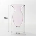 Modern Nordic pink double-layer glass vase for hydroponic plants, measures 15cm by 8cm - Pink Waterdrop