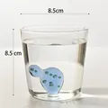Clear glass water cup with blue cartoon cactus figure inside, dimensions 8.5 x 8.5 cm - 201-300ml / Cactus Style / 8.5x8.5cm / Clear