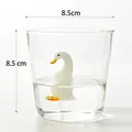 Minimalist clear glass cup with cute 3D white duck figurine inside, 8.5cm mug - 201-300ml / Sitting Swan Style / 8.5x8.5cm / Clear