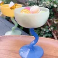 Chic white glass dessert bowl with a blue wavy stem for ice cream and pudding - Bee High Footed Cup (Green Cup + Blue Base)