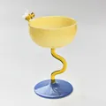 Handcrafted trendy colorful glass dessert cup with bee ornament and wavy stem in yellow - Bee High Footed Cup (Amber Cup + Blue Base + Yellow Stem)