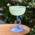 Ins style light green glass dessert bowl with lavender wavy stem and bee accent - Bee High-Footed Cup / Jade and Sapphire