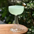 Elegant light green glass dessert bowl with ribbed clear stem and a cute bee ornament - Bee High-Footed Cup / Jade and Transparent Stripes