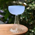 Elegant light blue glass ice cream bowl with bee charm and clear ribbed tall stem - Bee High-Footed Cup / Sapphire and Transparent Stripes