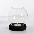 Elegant round transparent glass candle holder with a dark vintage wooden base design - Transparent Style (zt2038) / Smooth Surface