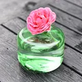 Kleine grüne transparente Glasvase mit einer rosa Rose auf dunkler Holzoberfläche - Grün