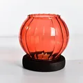 Vintage red ribbed glass candle holder ornament with a dark circular wooden base - Red Ribbed Style (zt2038) / Vertical Stripes