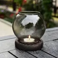 Elegant retro smoke gray glass candle holder with rustic wooden base for home decor - Grey Style (zt2038) / Smooth Surface