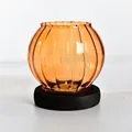Vintage amber ribbed glass candle holder with a round dark wooden base for decor - Champagne Ribbed Style (zt2038) / Vertical Stripes
