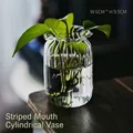 Small striped clear glass cylinder vase with wavy rim for hydroponic plants, 6x9.5cm - Ribbed Cylindrical Bayonet Vase