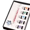 Elegant glass dip pen gift set with pink crystals, 5 colorful inks and glass stand - New Diamond Large Gift Box / Red