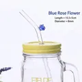 Cannuccia in vetro resistente al calore con rosa blu, 15,5+5cm, 8mm di diametro - Fiore di Rosa Curva / Blu