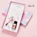 Vintage handmade white feather quill pen set with glass tip and red ink in purple gift box - Phoenix Feather White