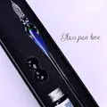 Handcrafted navy blue glass dip pen gift set with ink bottle and crystal pen rest - Navy Blue / Small Gift Box Set